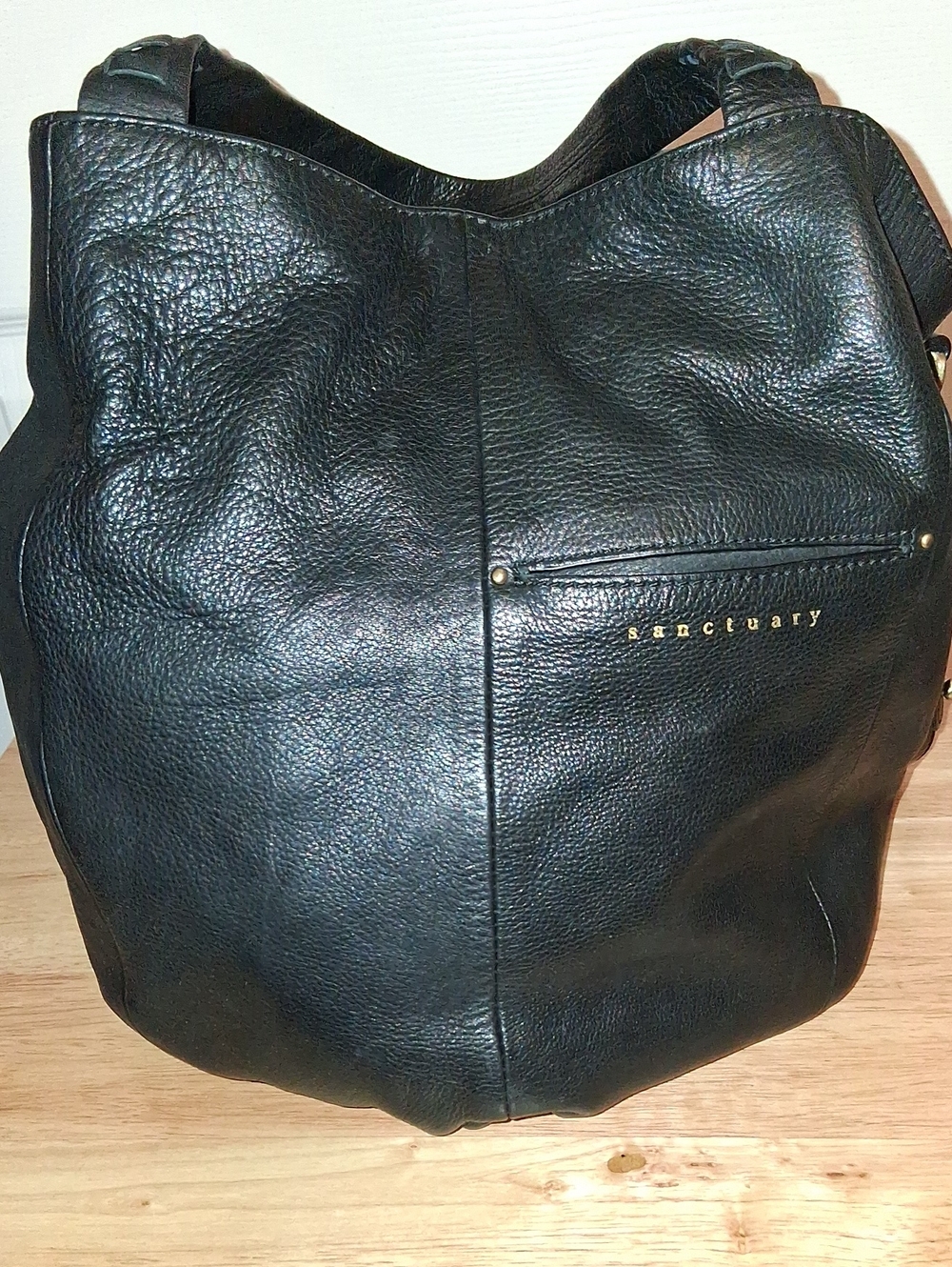 Sanctuary Black Pebbled Leather Shoulder Hobo with Gold Logo
